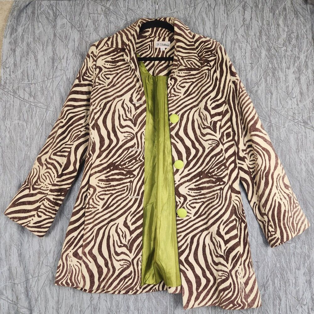 VTG 90s Sisters Women's Cream & Brown Zebra Print Lined Jacket L Y2K Retro Glam